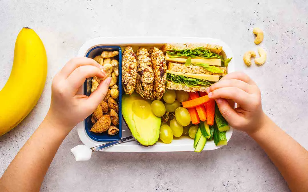 exemplo de refeição saudável para as crianças levarem no período escolar, com frutas, legumes, cheios de vitaminas.